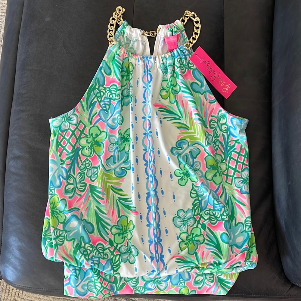 Lilly Pulitzer Green and Blue Sleeveless Graphic Blouse Size S
